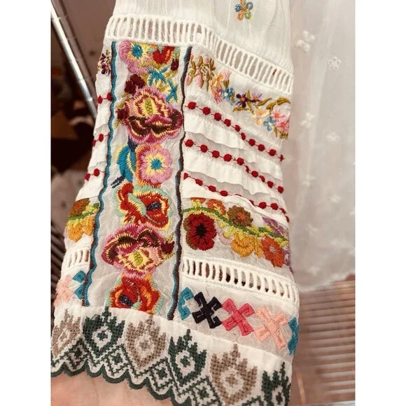 Johnny Was Eyelet Sheer Floral Flower Embroidered Long Sleeve Tunic Blouse Sz XL - Picture 3 of 10